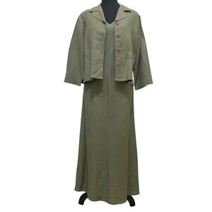 Talbots Petites Linen Blend Maxi Dress Blazer 2 Piece Set Olive Green Size 8
